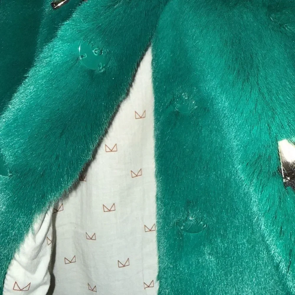 Le Motif Korean Designer Bejeweled Faux Fur Coat Girls XXL Emerald Green